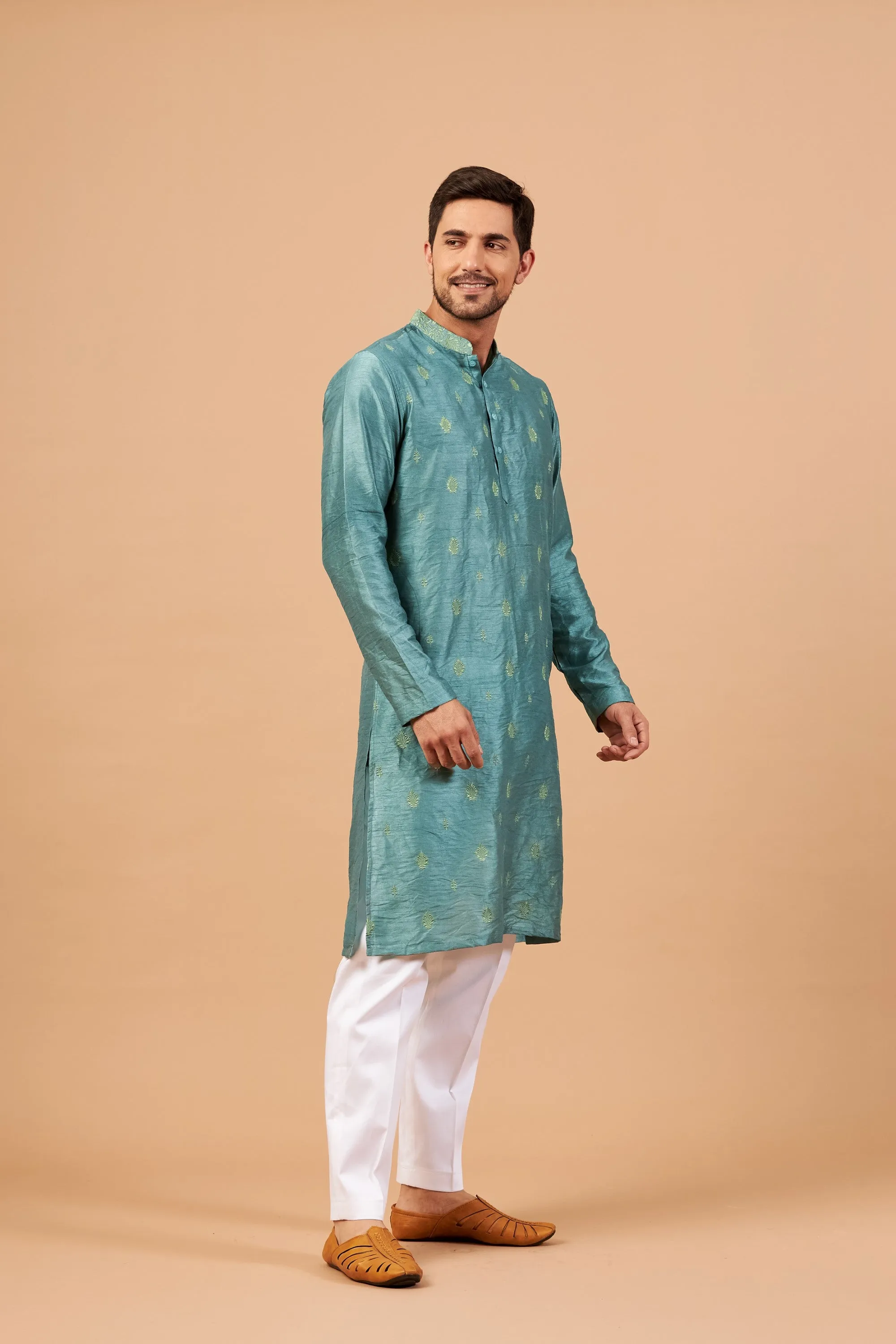 Men's Greafy Two Motif Embroidered Green Kurta With Crop Pants - Hilo Design