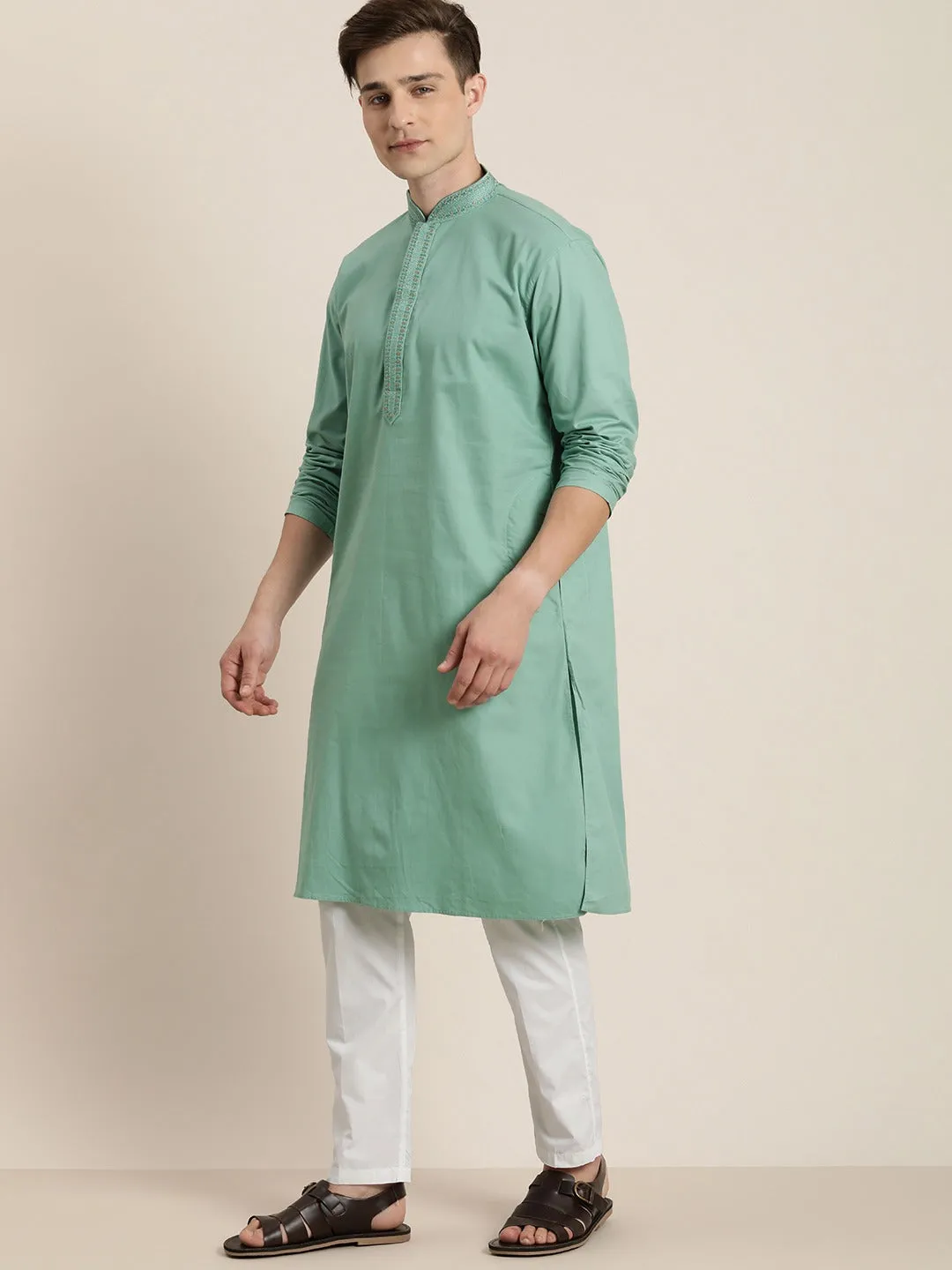 Men's Green And White Cotton Twill Kurta Pyjama Set - Vastramay