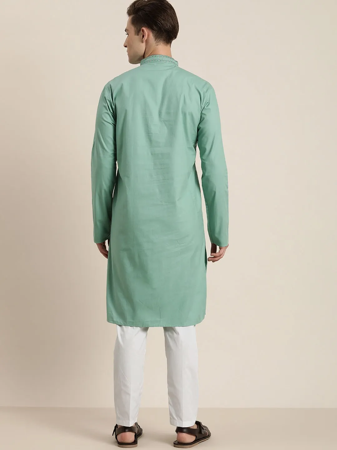 Men's Green And White Cotton Twill Kurta Pyjama Set - Vastramay