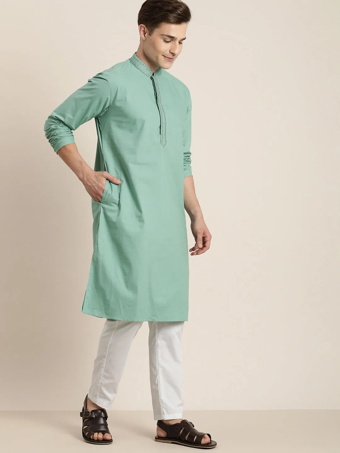 Men's Green Cotton Twill Kurta - Vastramay