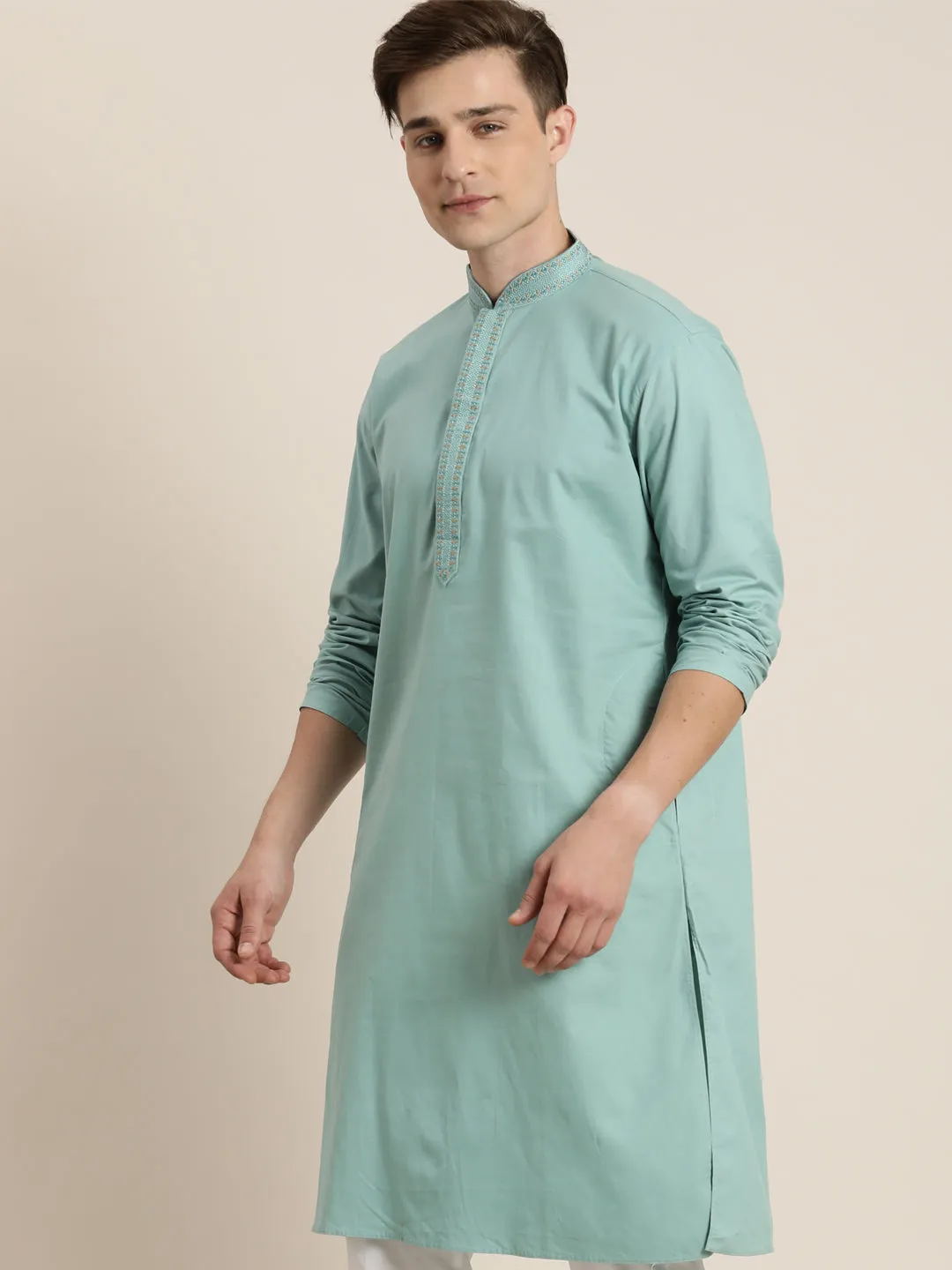 Men's Green Cotton Twill Kurta - Vastramay