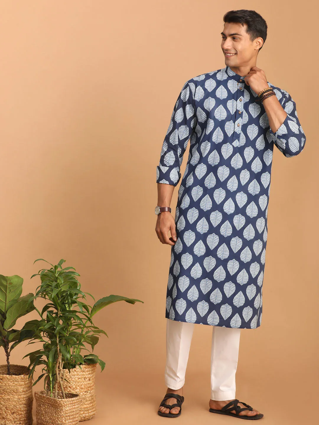 Men's Indigo Blue Cotton Kurta Pyjama Set - Vastramay