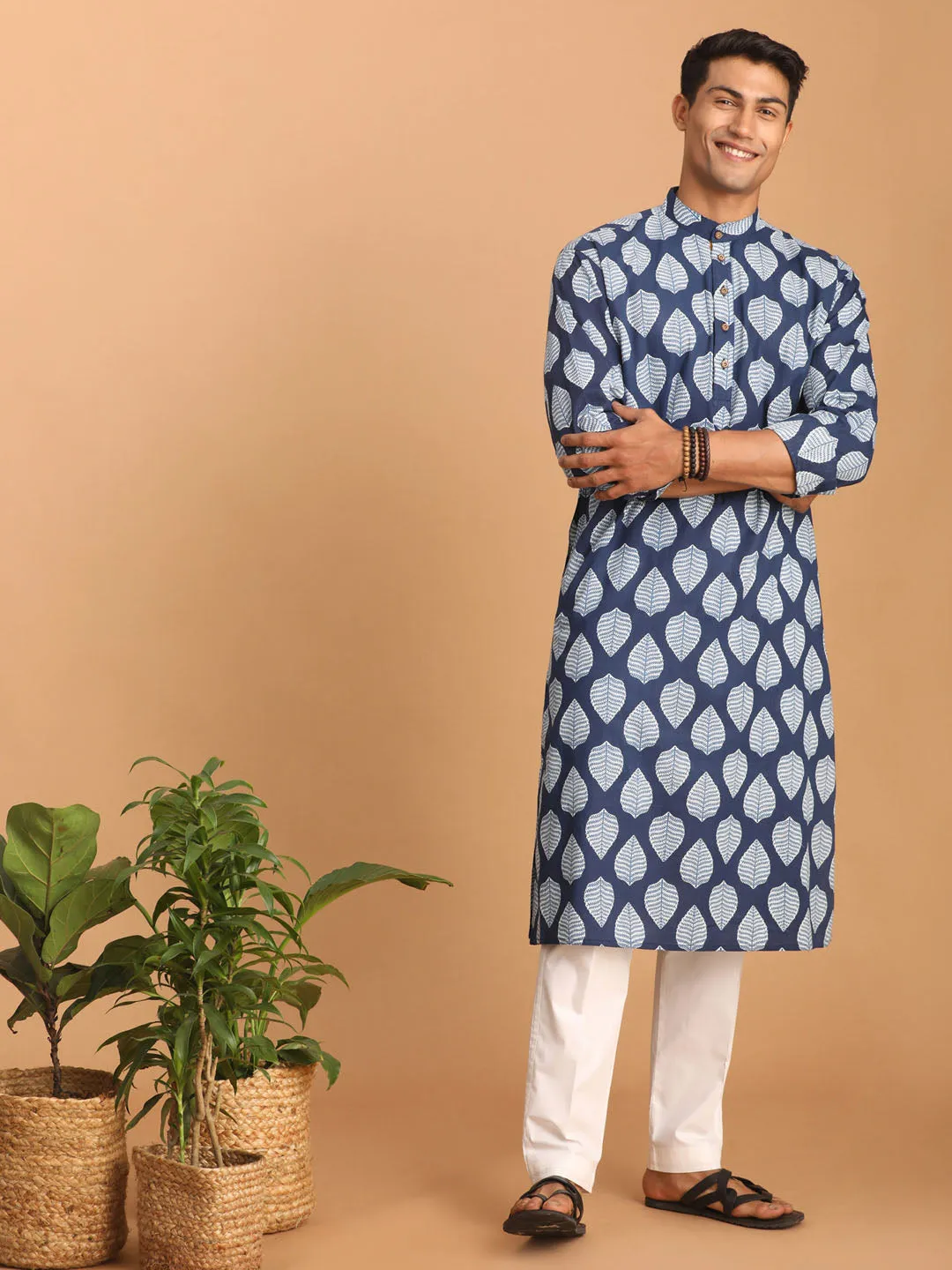 Men's Indigo Blue Cotton Kurta Pyjama Set - Vastramay