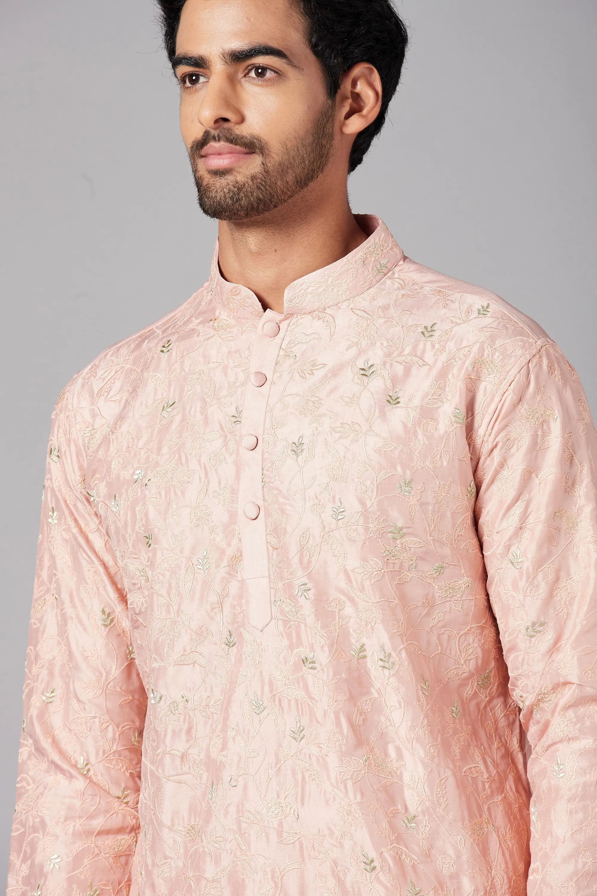 Men's Tiyaan Embroidered Peach Kurta With Crop Pants - Hilo Design