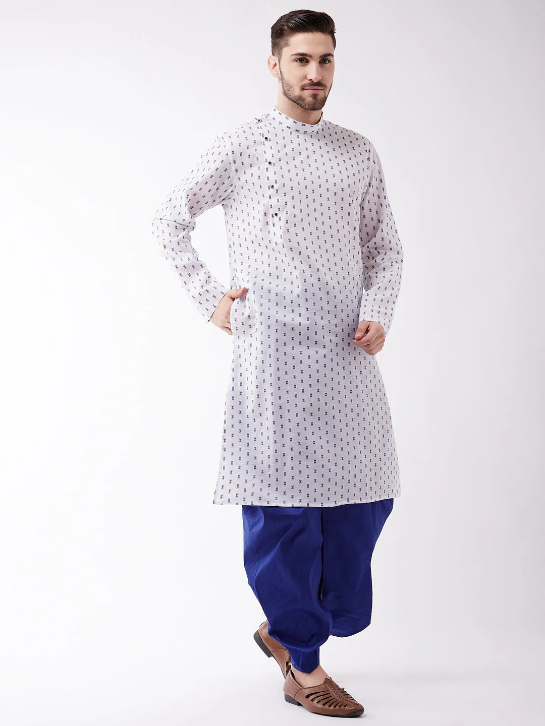 Men's White And Blue Cotton Kurta And Dhoti Set - Vastramay