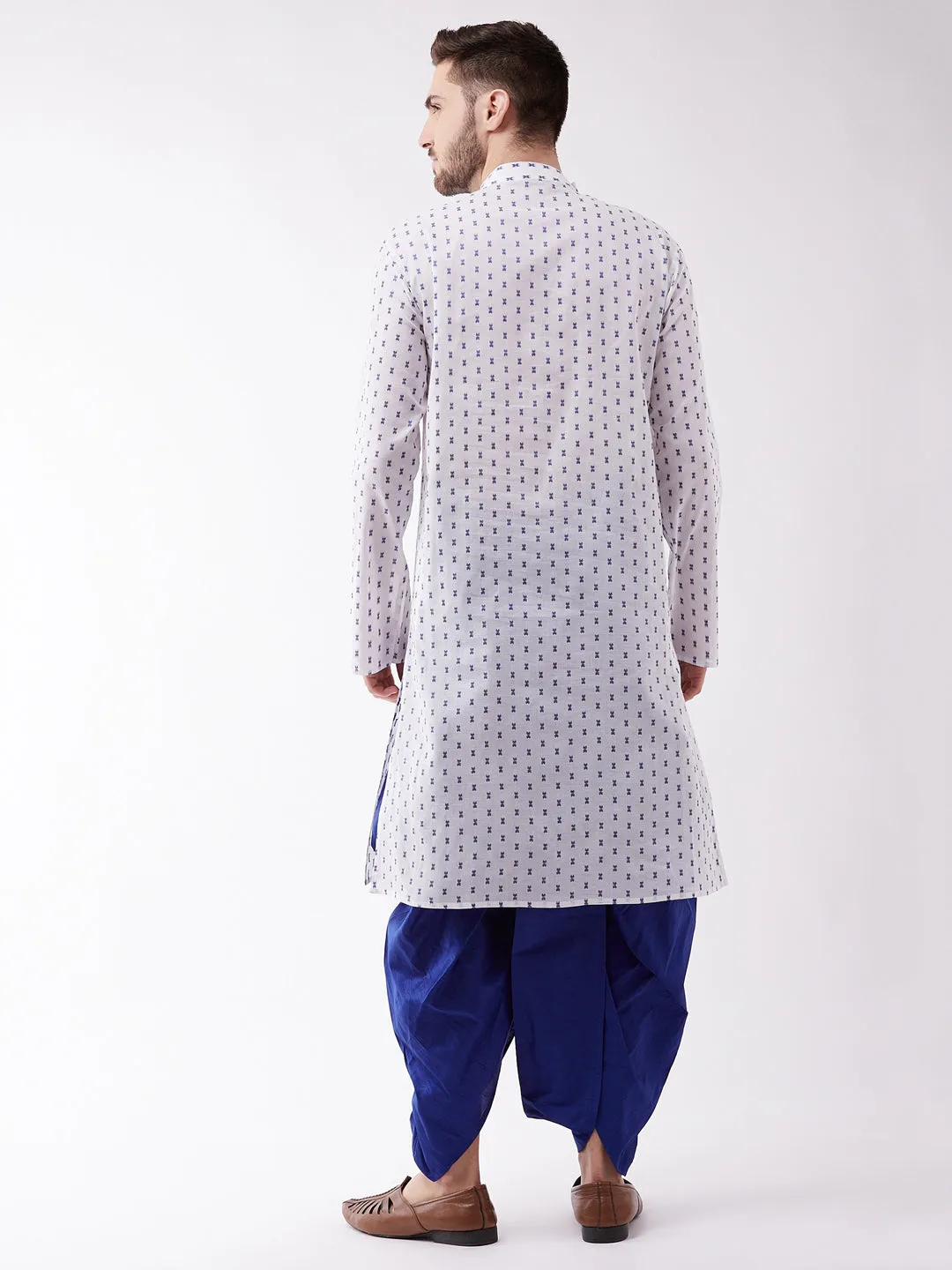 Men's White And Blue Cotton Kurta And Dhoti Set - Vastramay