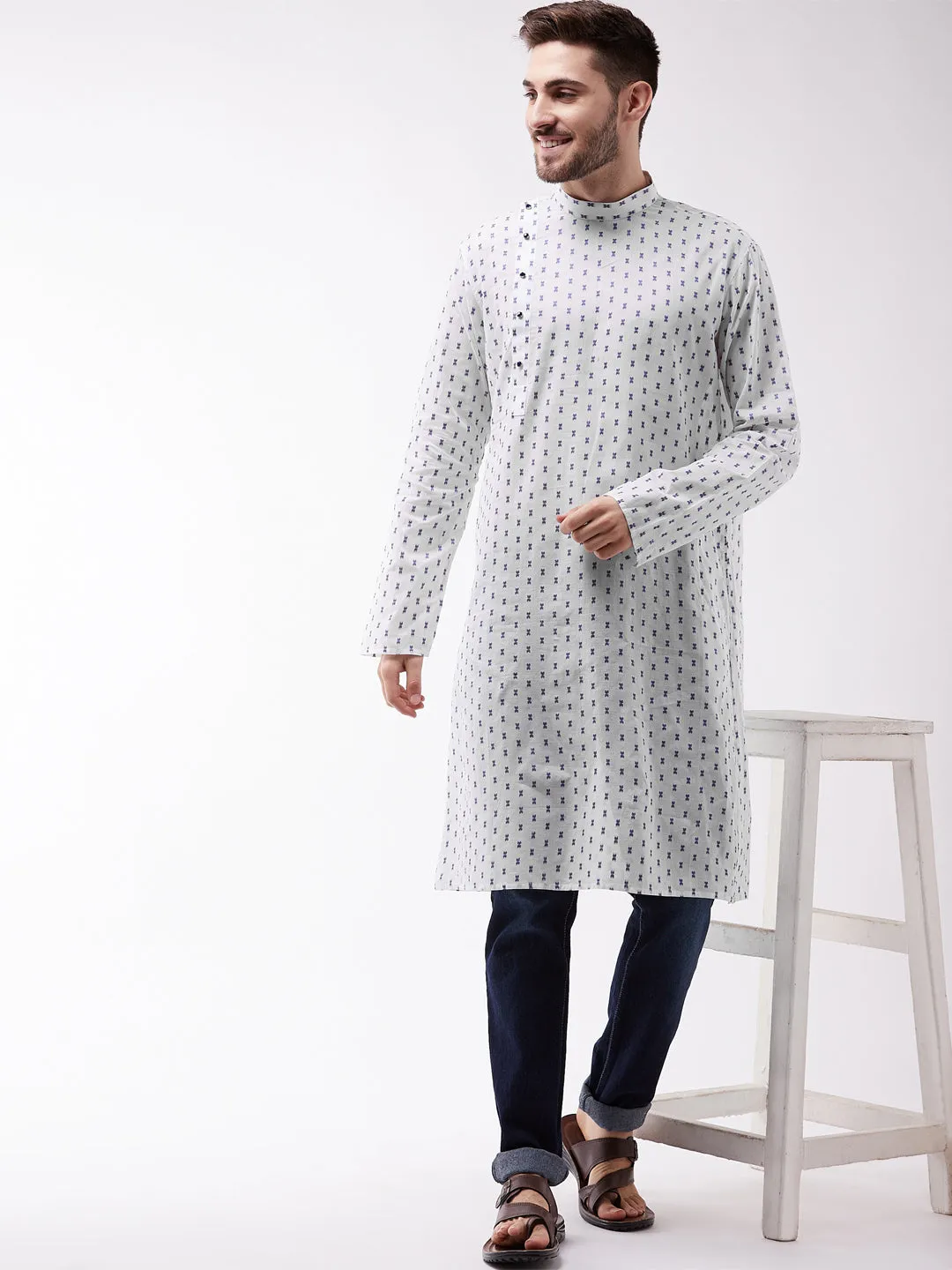 Men's White And Blue Cotton Kurta - Vastramay