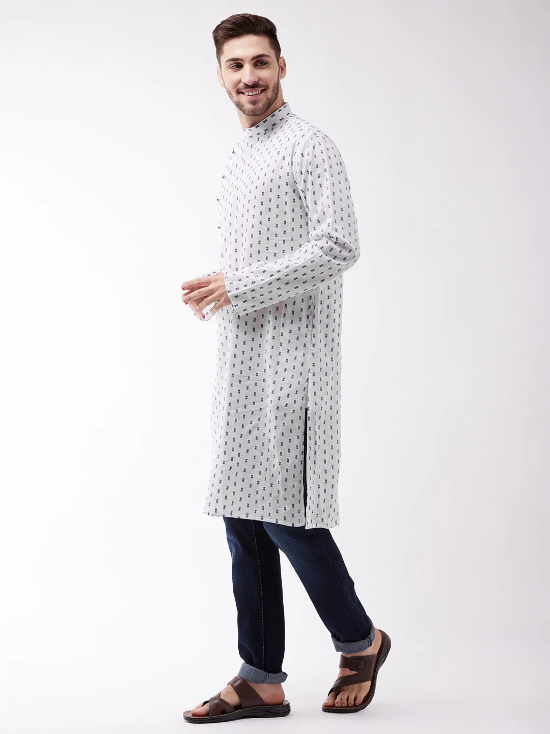 Men's White And Blue Cotton Kurta - Vastramay