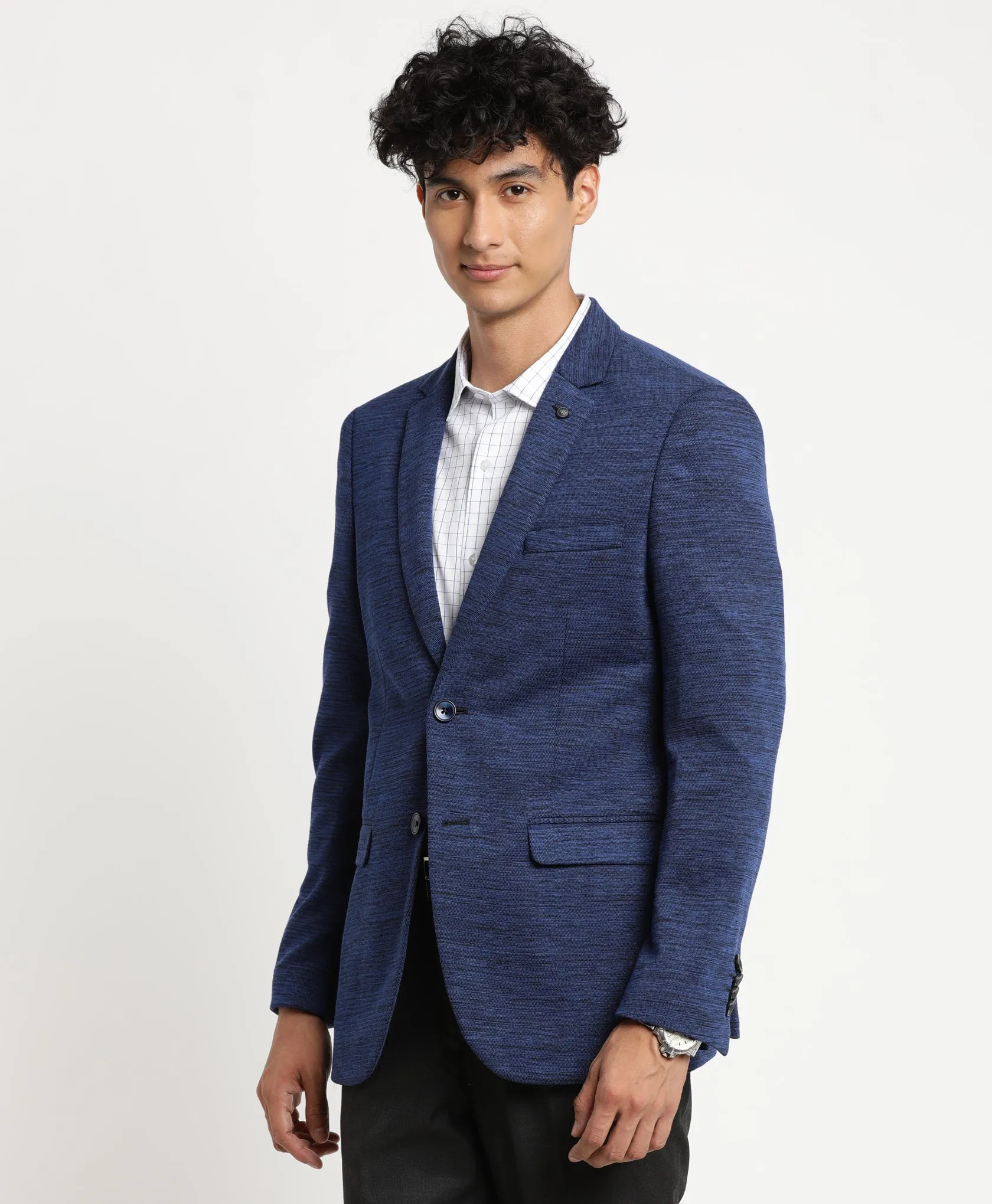 Navy Blue Knitted Self Design Ceremonial Blazer