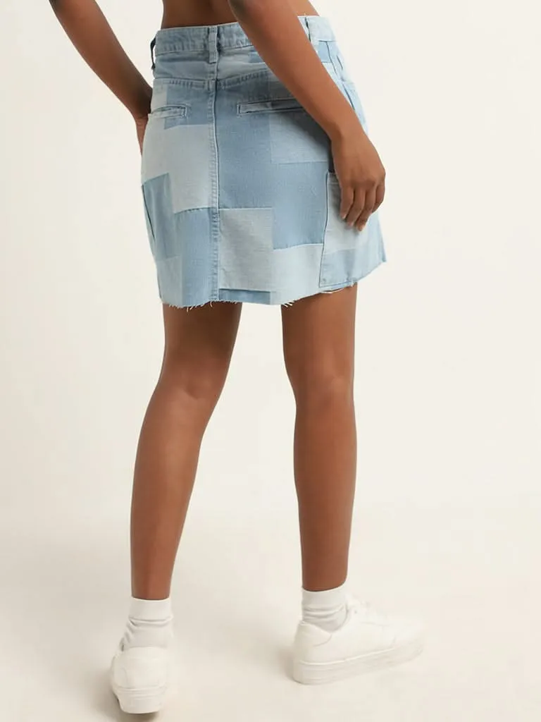 Nuon Blue Patchwork High-Rise Skirt