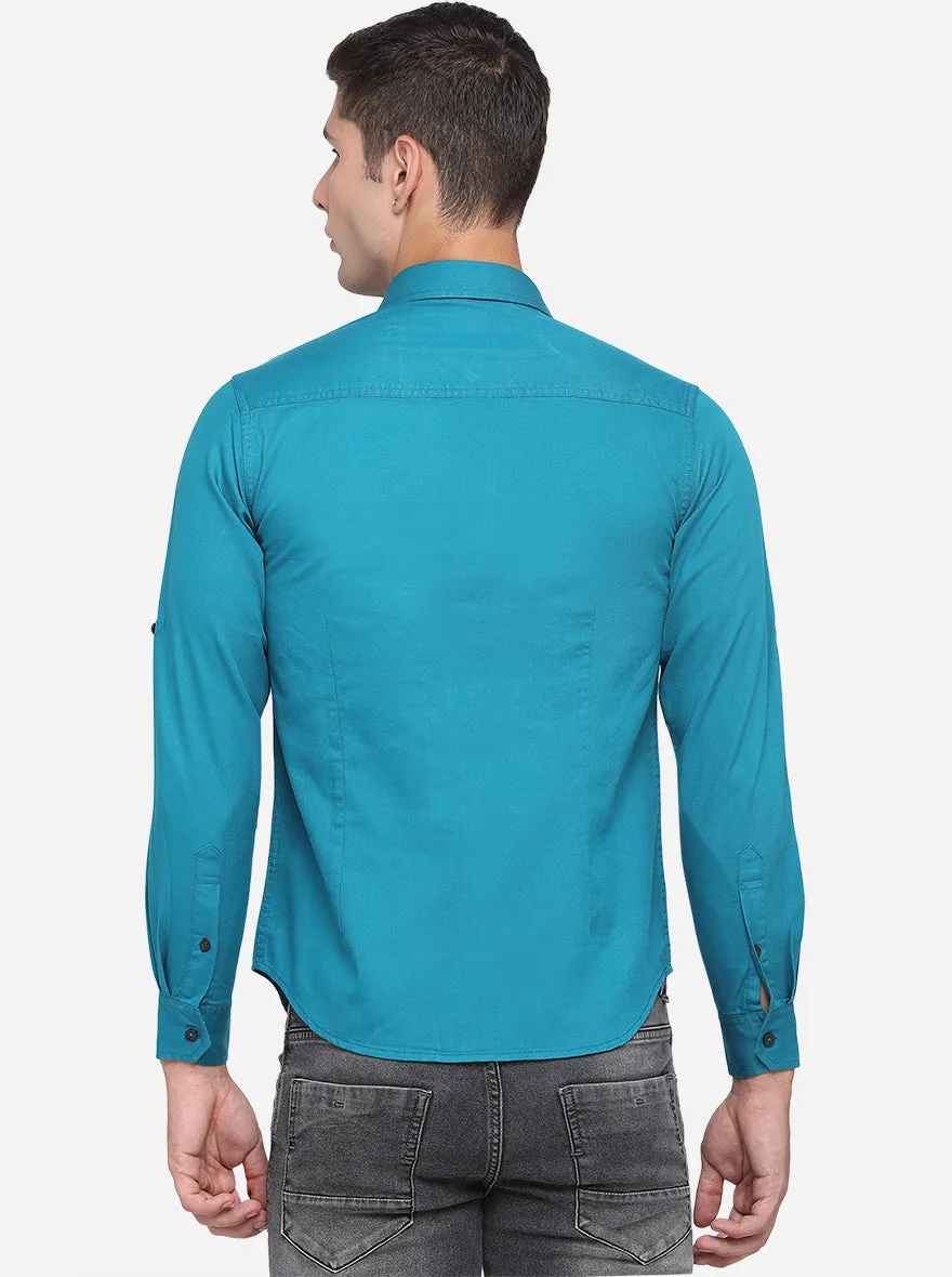 Ocean Blue Solid Slim Fit Semi Casual Shirt | Greenfibre