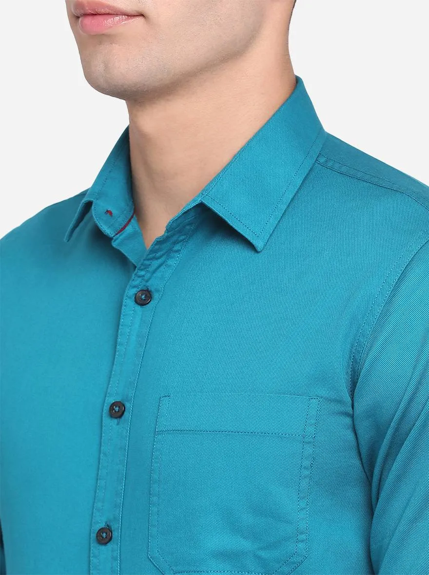 Ocean Blue Solid Slim Fit Semi Casual Shirt | Greenfibre