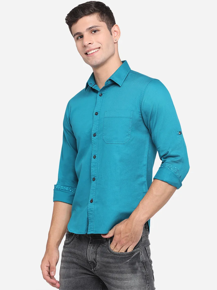 Ocean Blue Solid Slim Fit Semi Casual Shirt | Greenfibre