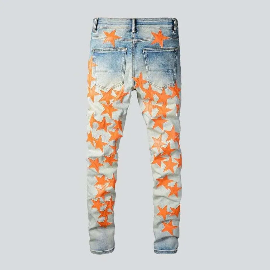 Orange stars embroidered men's jeans