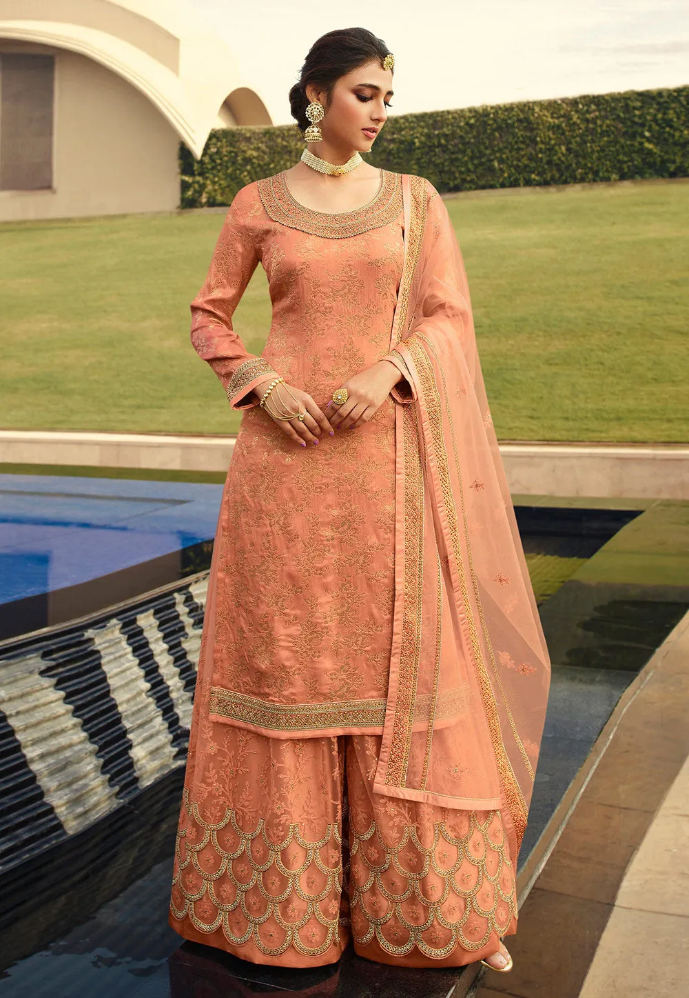 Pastel Orange Embroidered Gharara Style Suit