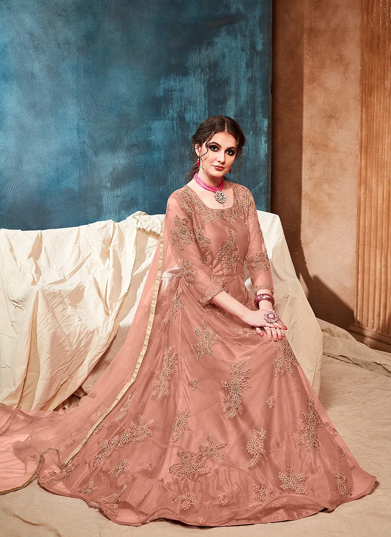 Peach All Over Bunch Embroidered Casual Anarkali Suit