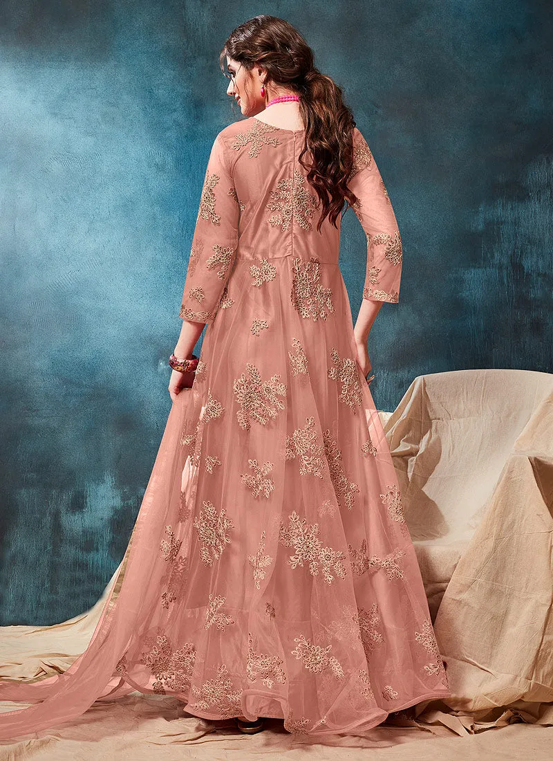 Peach All Over Bunch Embroidered Casual Anarkali Suit