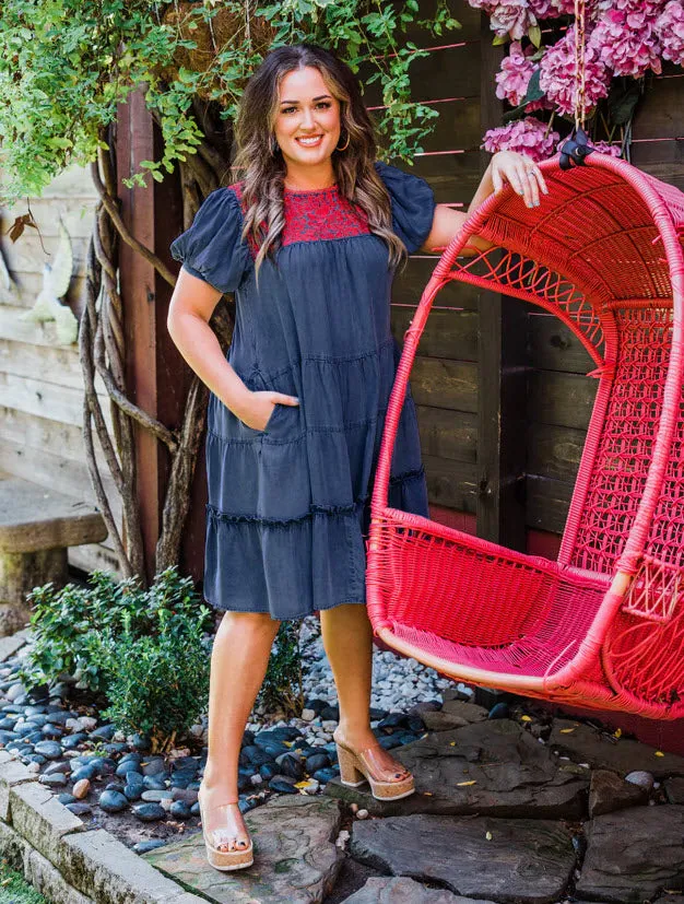 Pink Embroidered Tiered Denim Dress