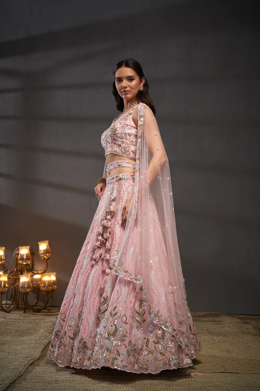 Pink Pure Chiffon Bridal Lehenga Choli Set with Mirror Zari & Heavy Sequin Work