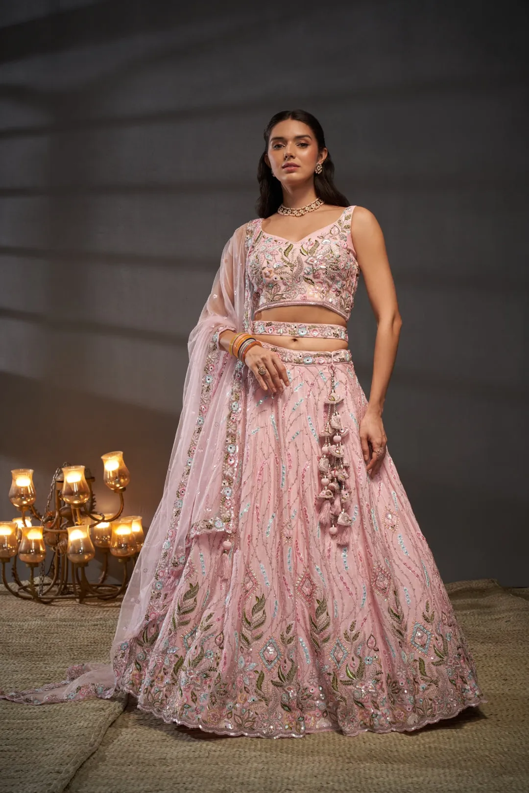 Pink Pure Chiffon Bridal Lehenga Choli Set with Mirror Zari & Heavy Sequin Work