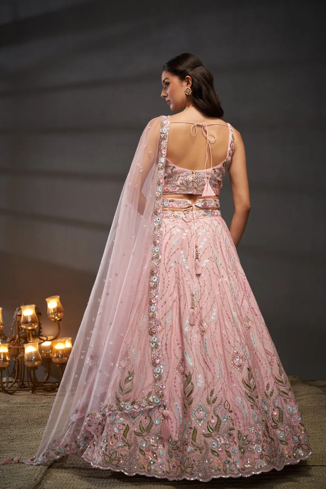 Pink Pure Chiffon Bridal Lehenga Choli Set with Mirror Zari & Heavy Sequin Work