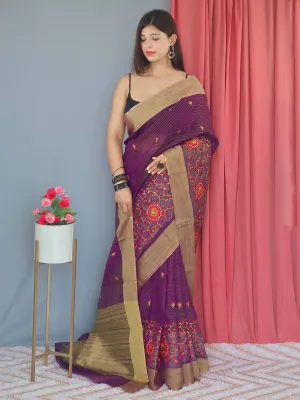 Plum Purple Saree in Cotton Linen Multicolor Threadwork Embroidered