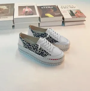 Prada Leather Lace up Sneakers White Leopard