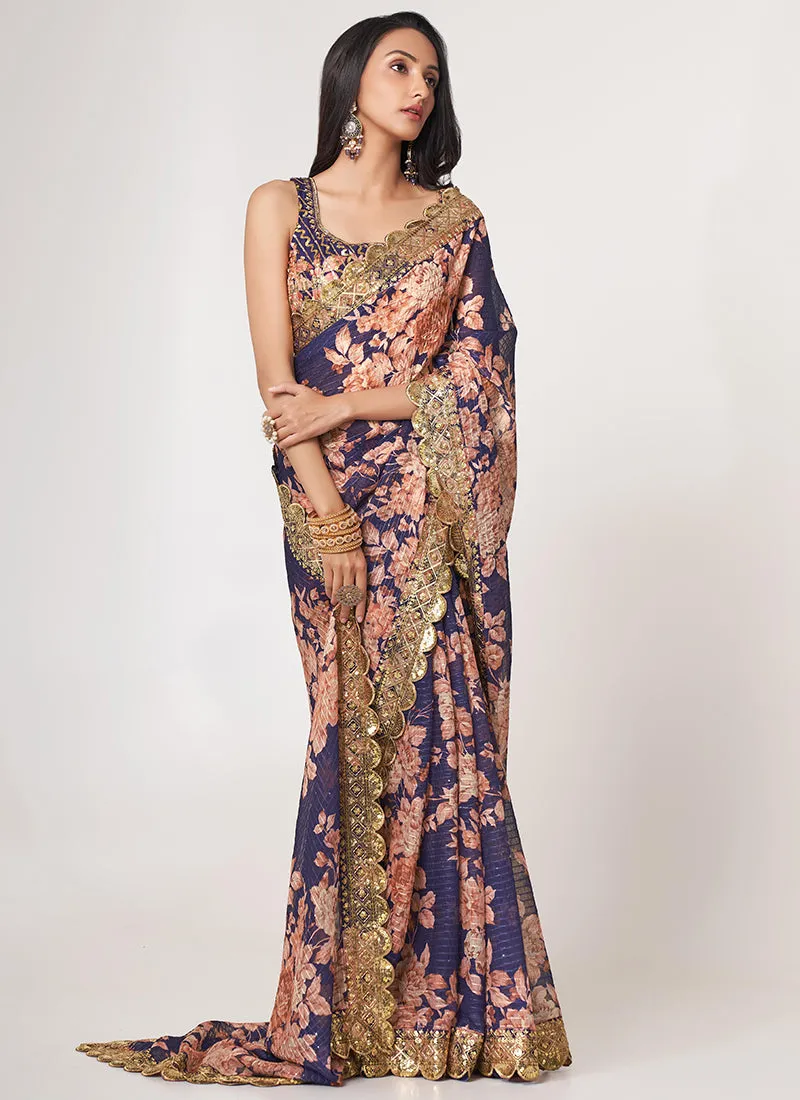 Purple Floral Print And Sequence Embroidery Organza Saree