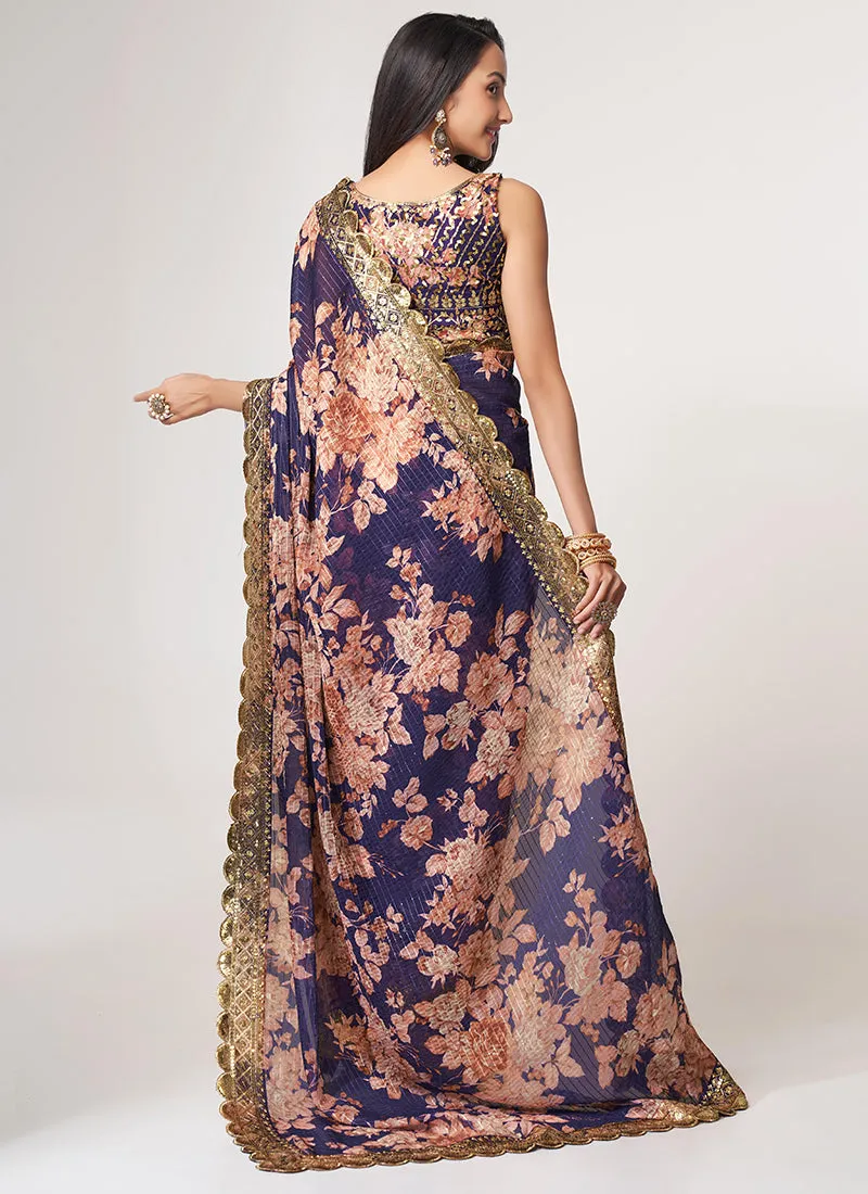 Purple Floral Print And Sequence Embroidery Organza Saree