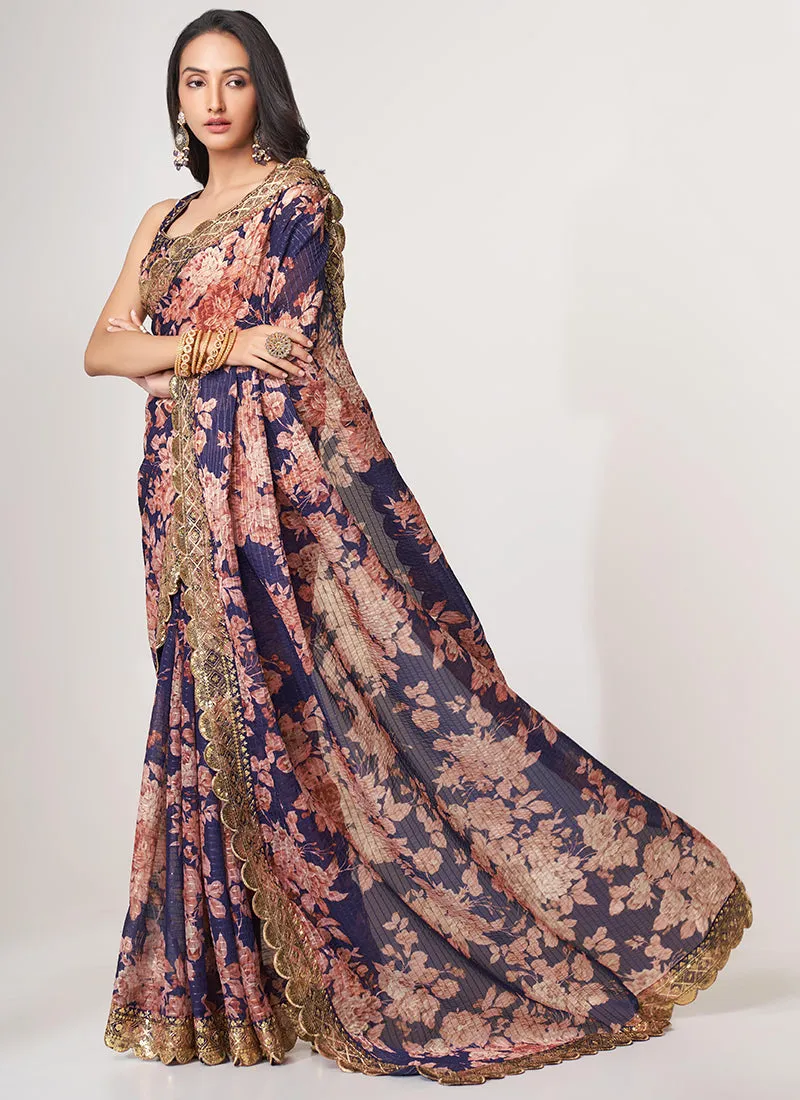 Purple Floral Print And Sequence Embroidery Organza Saree