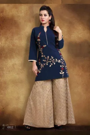 Ready Made Party Wear Navy Blue Georgette Thread Work Kurti