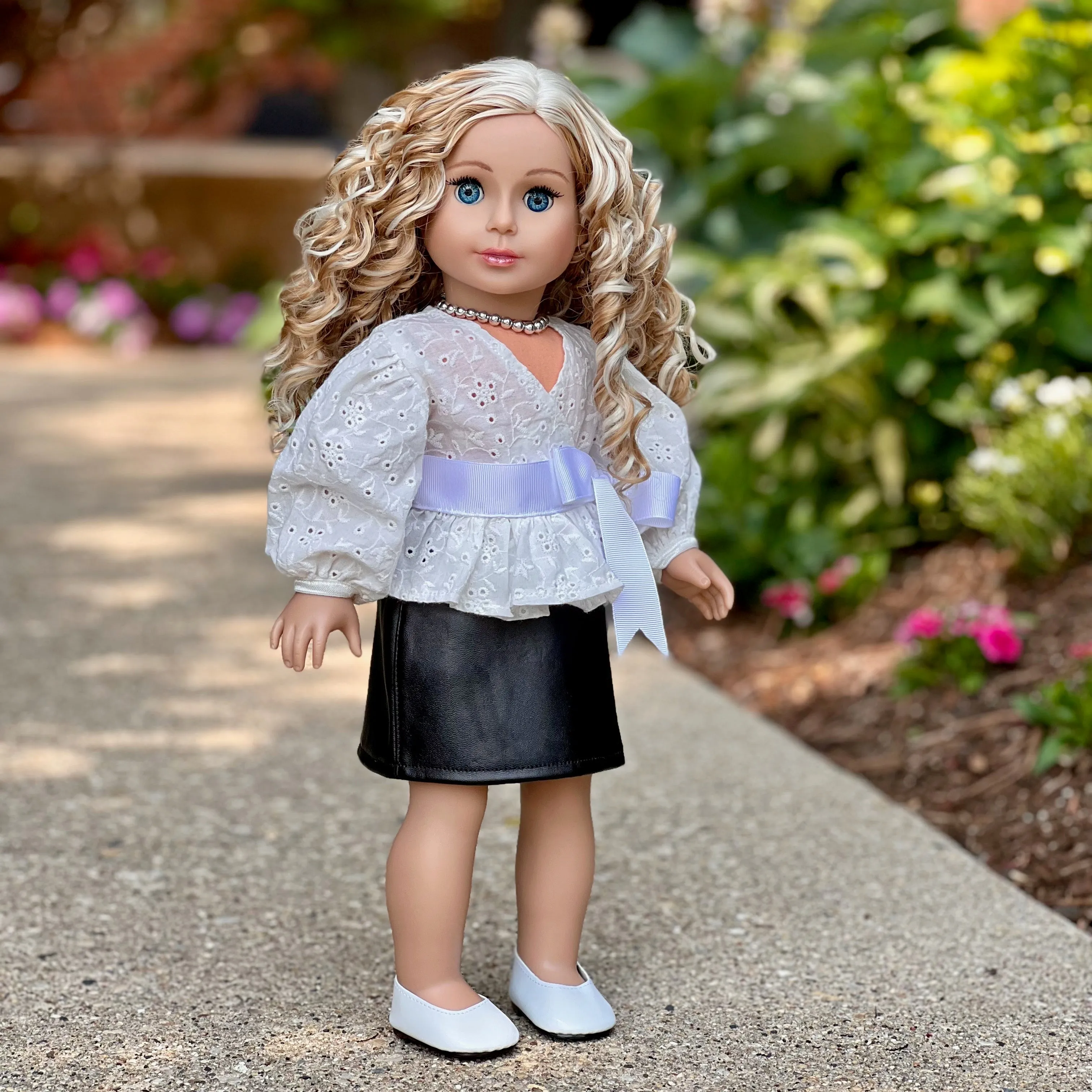 Rebel Glam - 4 Piece Outfit for 18 Inch Doll - Ivory Blouse, Black Leather Skirt, White Shoes and Silver Necklace - 18 Inch Doll Clothes ( Doll Not Included)