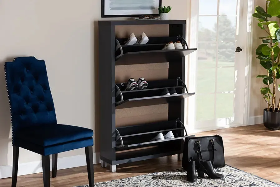 Rochester Dark Grey Finished Wood Shoe Storage Cabinet w/6 Fold-Out Racks