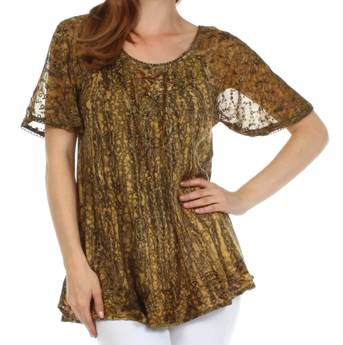 Sakkas Malvina Marbled Embroidery Cap Sleeves Blouse / Top