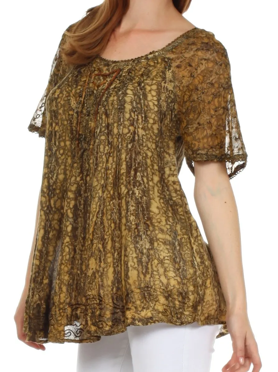 Sakkas Malvina Marbled Embroidery Cap Sleeves Blouse / Top