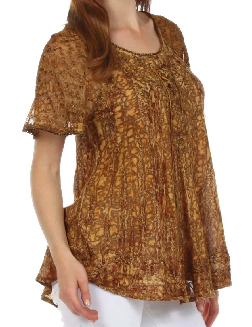 Sakkas Malvina Marbled Embroidery Cap Sleeves Blouse / Top