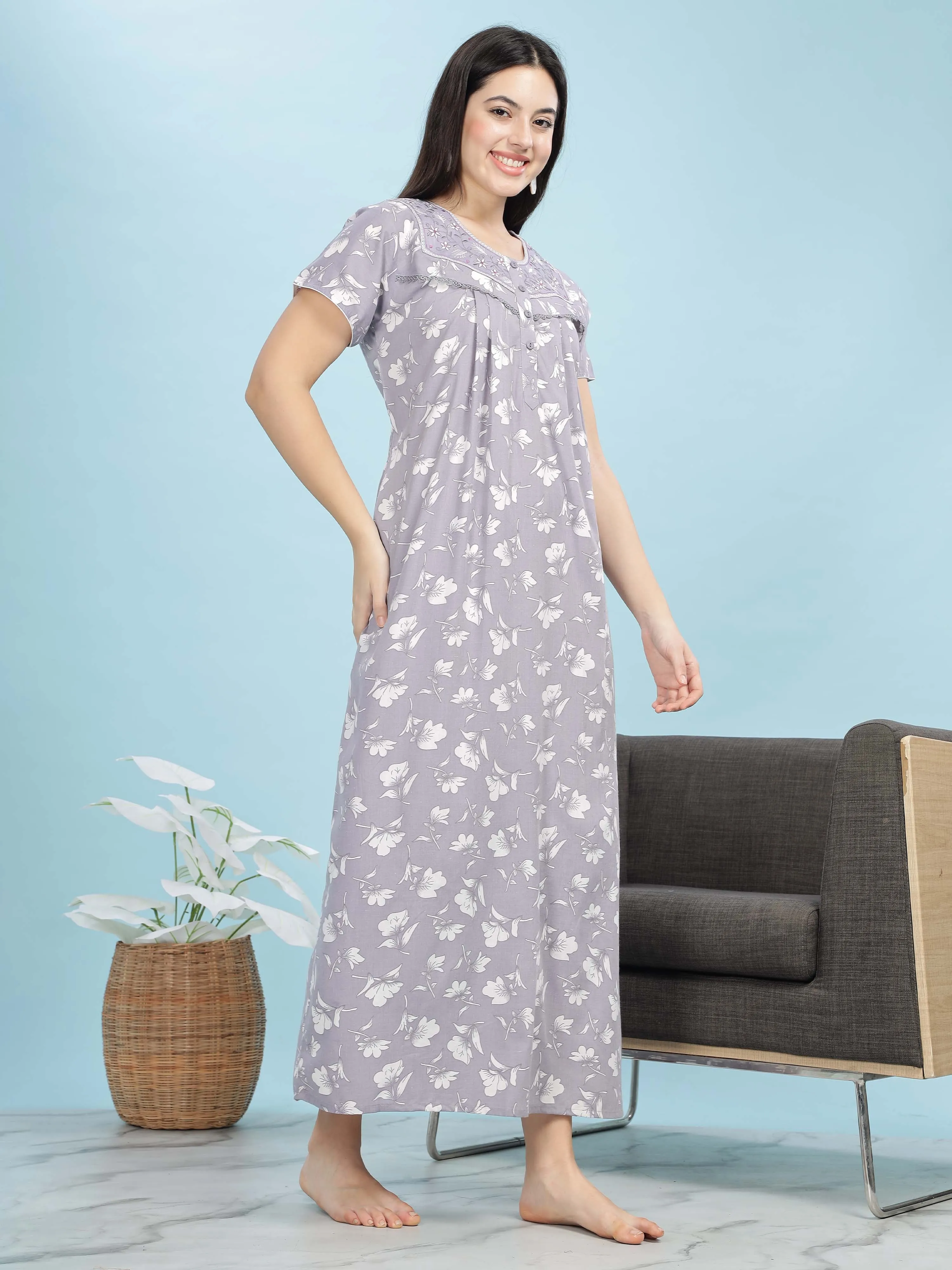 Stylish Light Lavender Pleated Nighty with Floral Print & Pocket