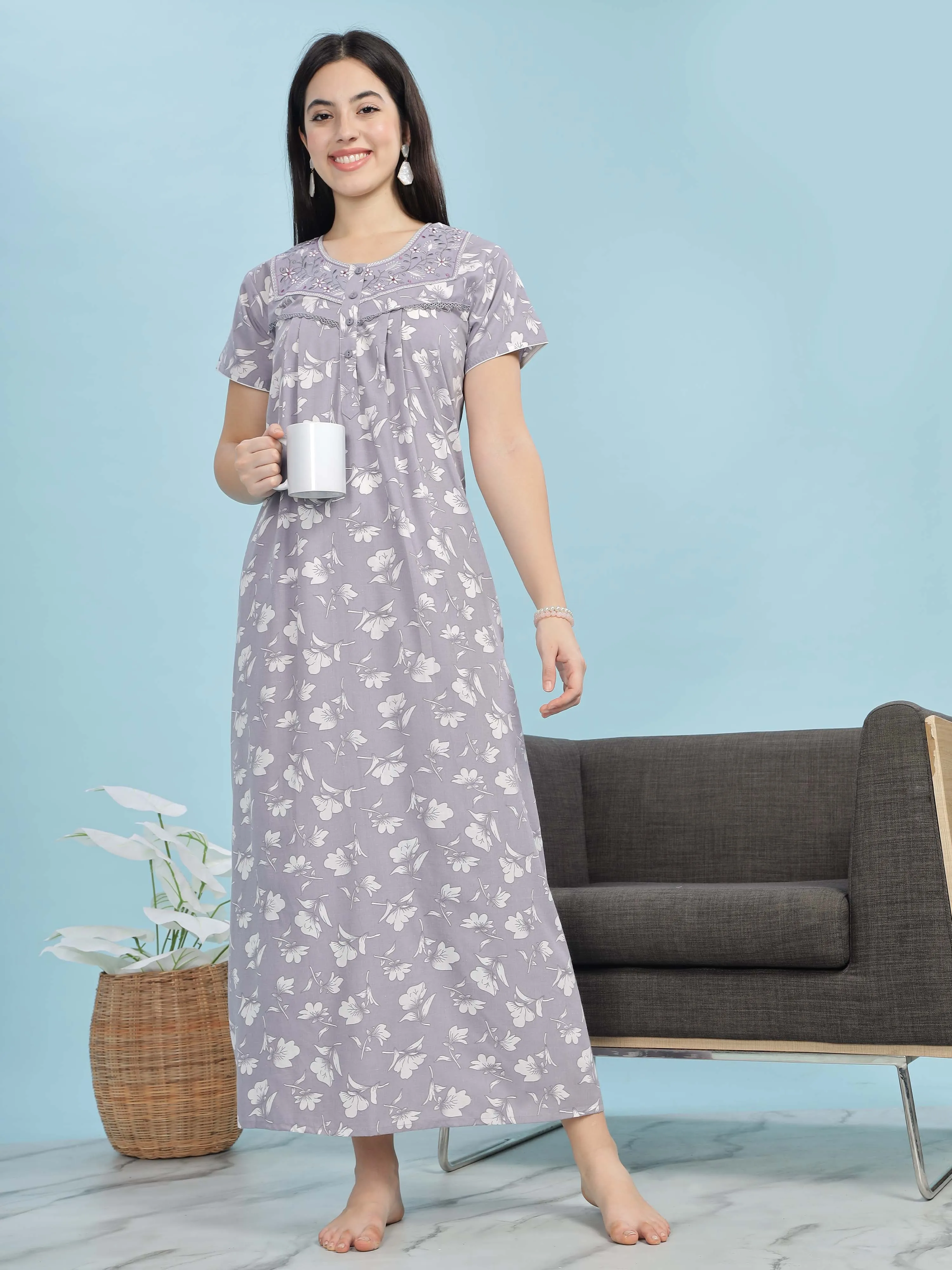 Stylish Light Lavender Pleated Nighty with Floral Print & Pocket