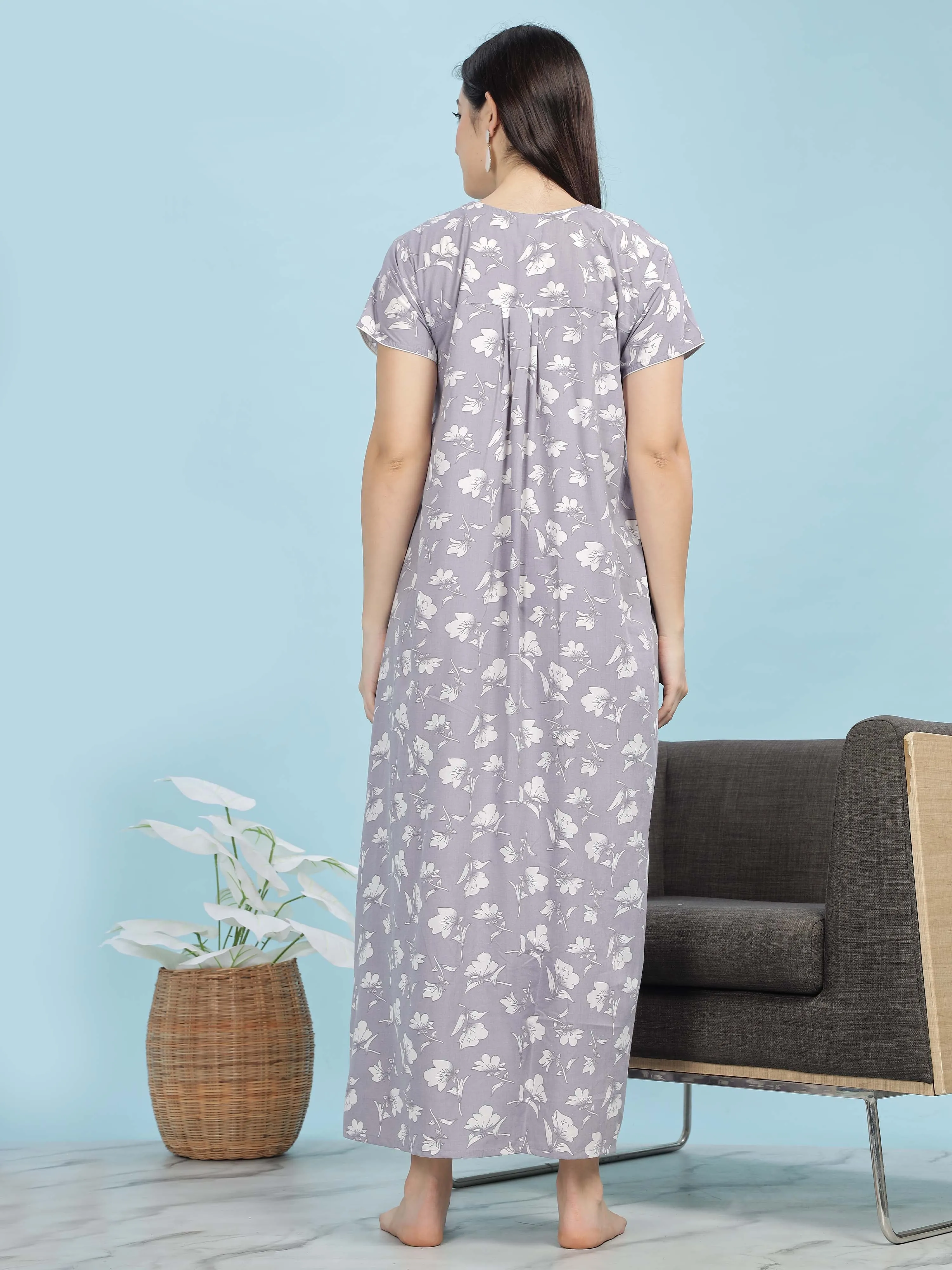 Stylish Light Lavender Pleated Nighty with Floral Print & Pocket