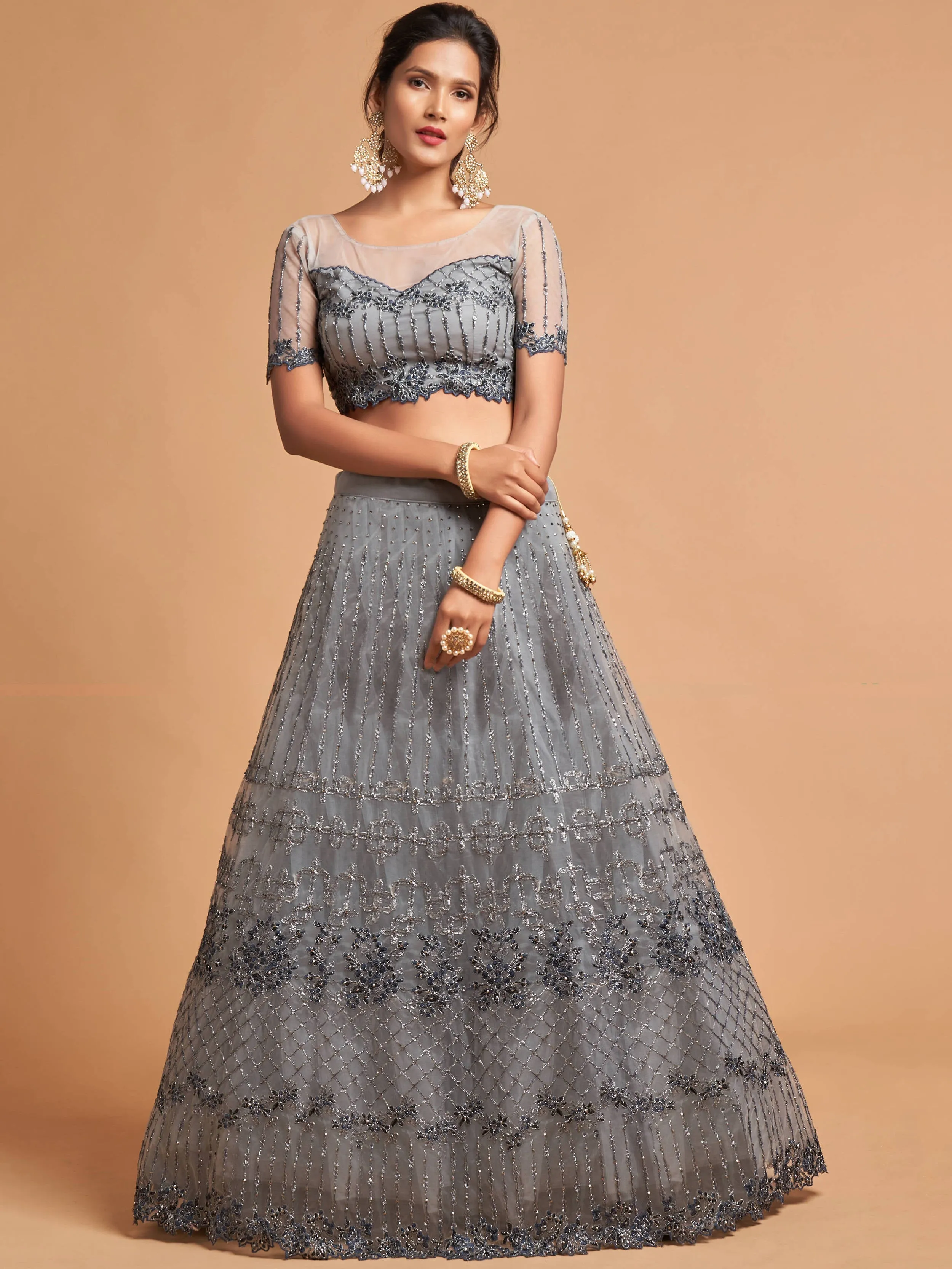 Unique Grey Zari Embroidery Party Wear Net Lehenga Choli