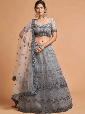 Unique Grey Zari Embroidery Party Wear Net Lehenga Choli