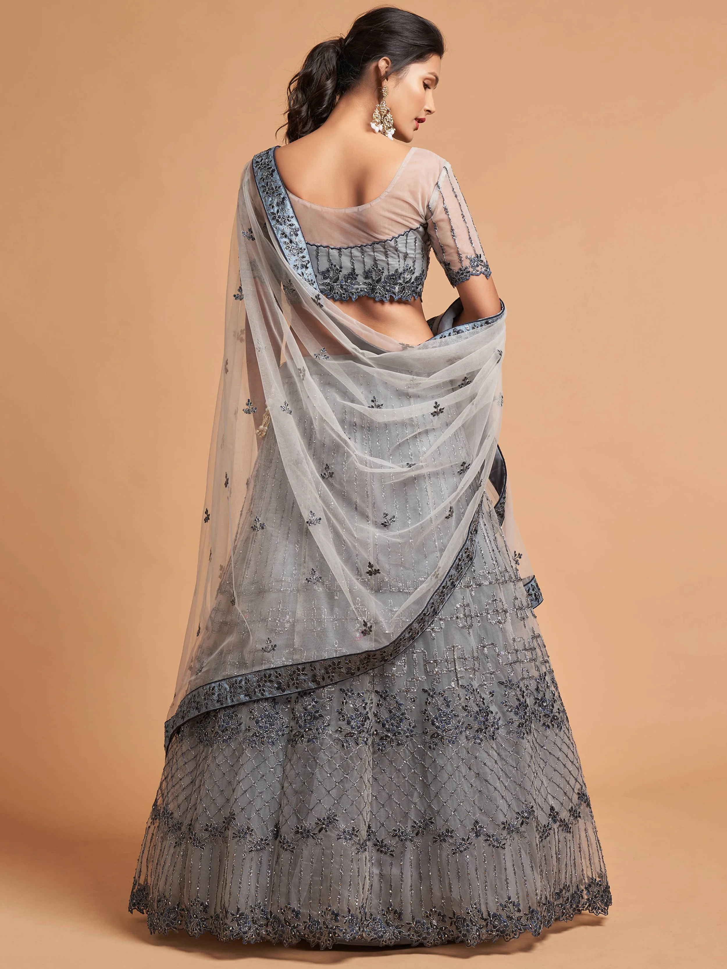 Unique Grey Zari Embroidery Party Wear Net Lehenga Choli