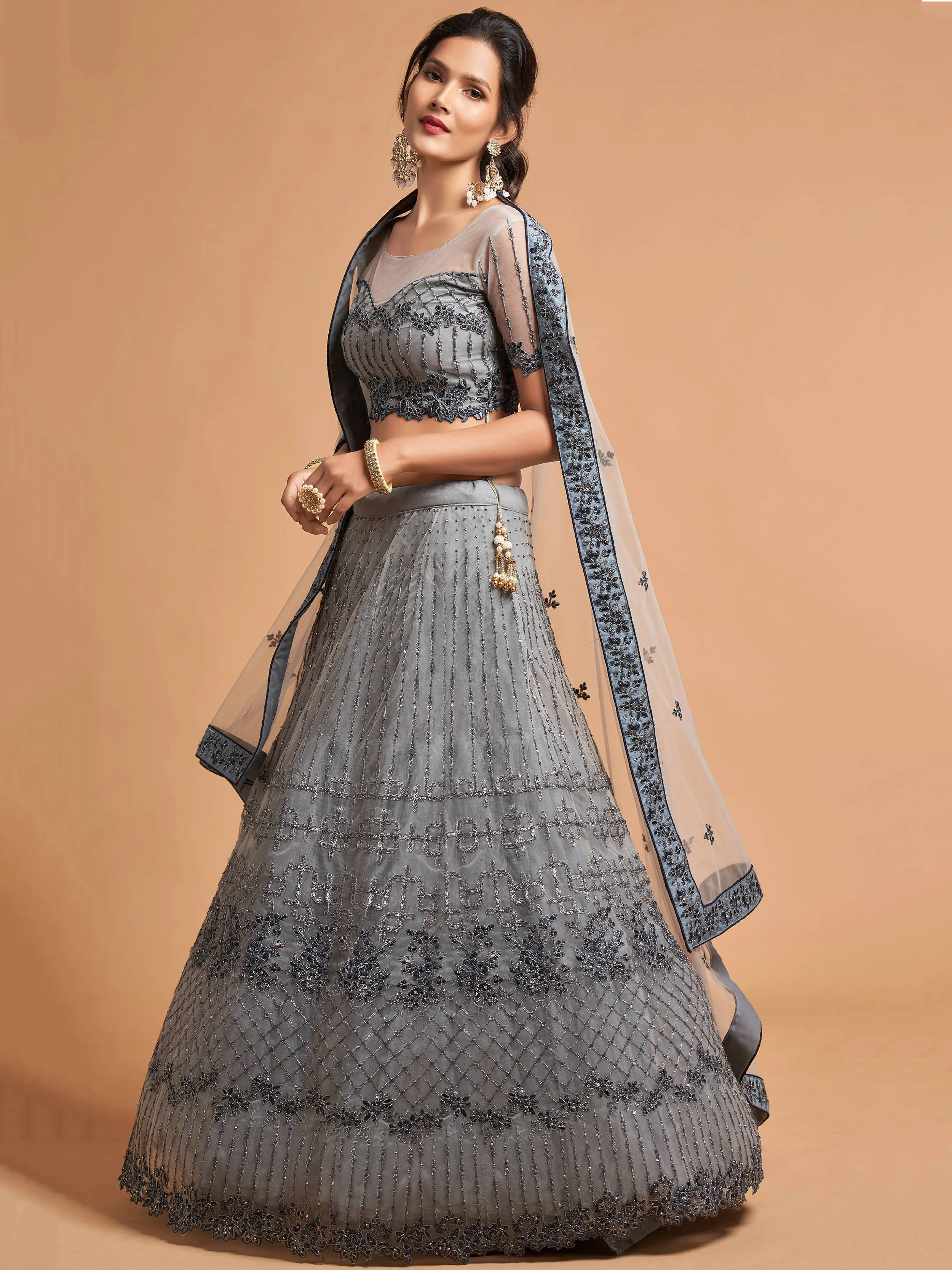 Unique Grey Zari Embroidery Party Wear Net Lehenga Choli