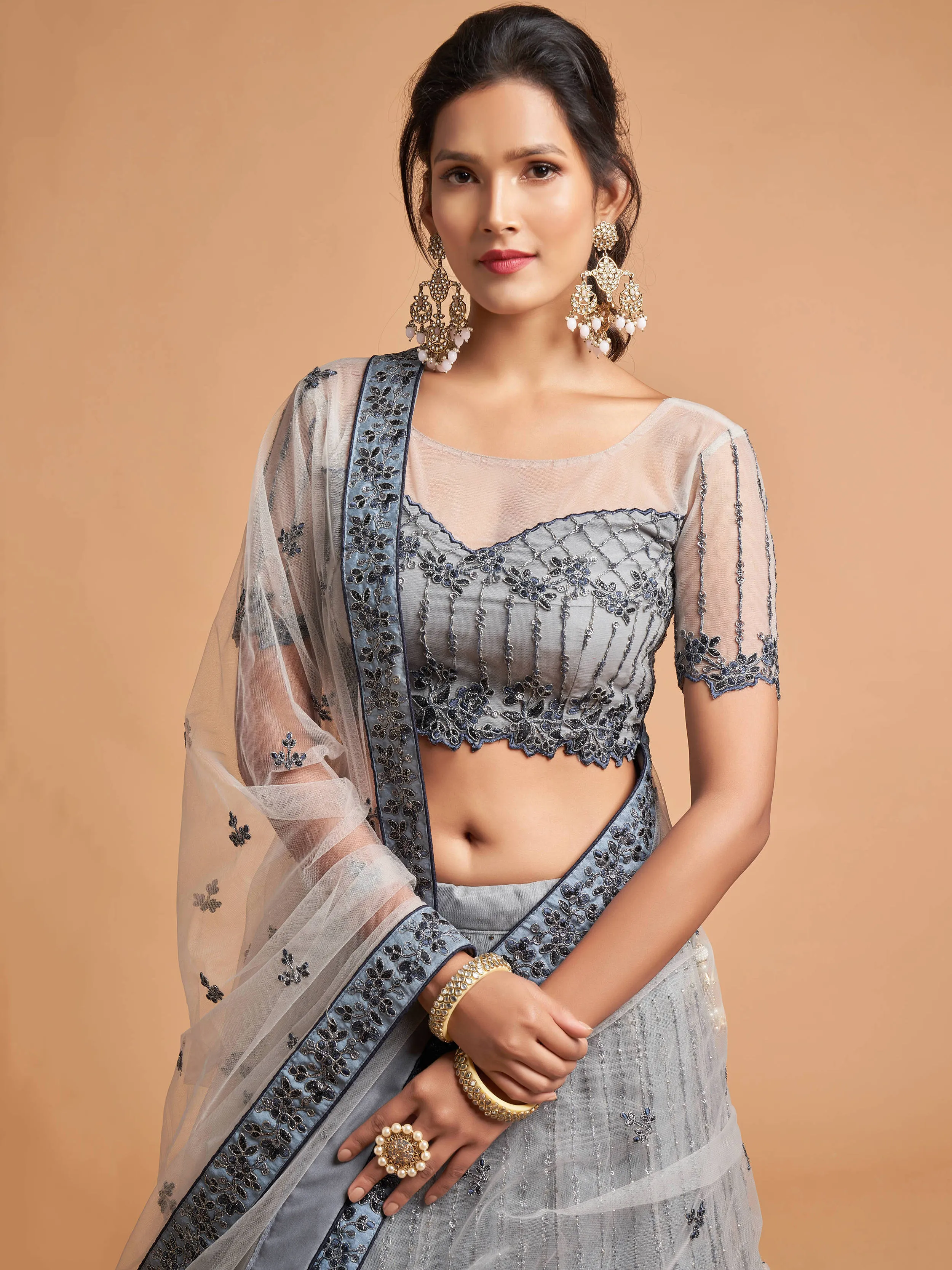 Unique Grey Zari Embroidery Party Wear Net Lehenga Choli