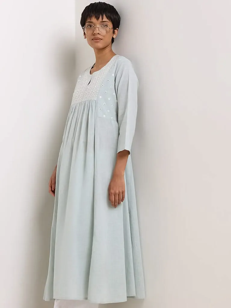 Utsa Blue Mirror-Embroidered Cotton Kurta