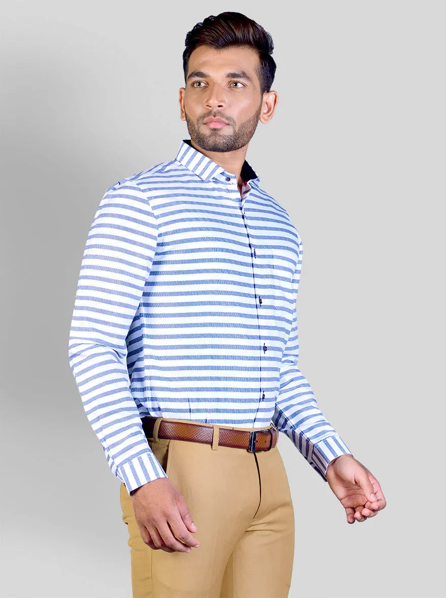 White & Blue Striped Slim Fit Party Wear Shirt | Greenfibre