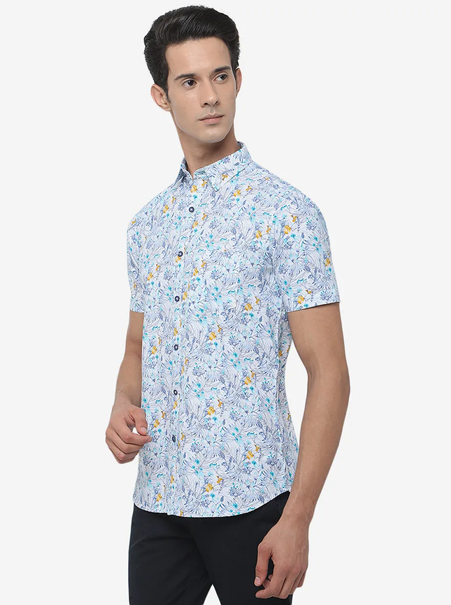 White & Purple Printed Slim Fit Semi Casual Shirt | JadeBlue