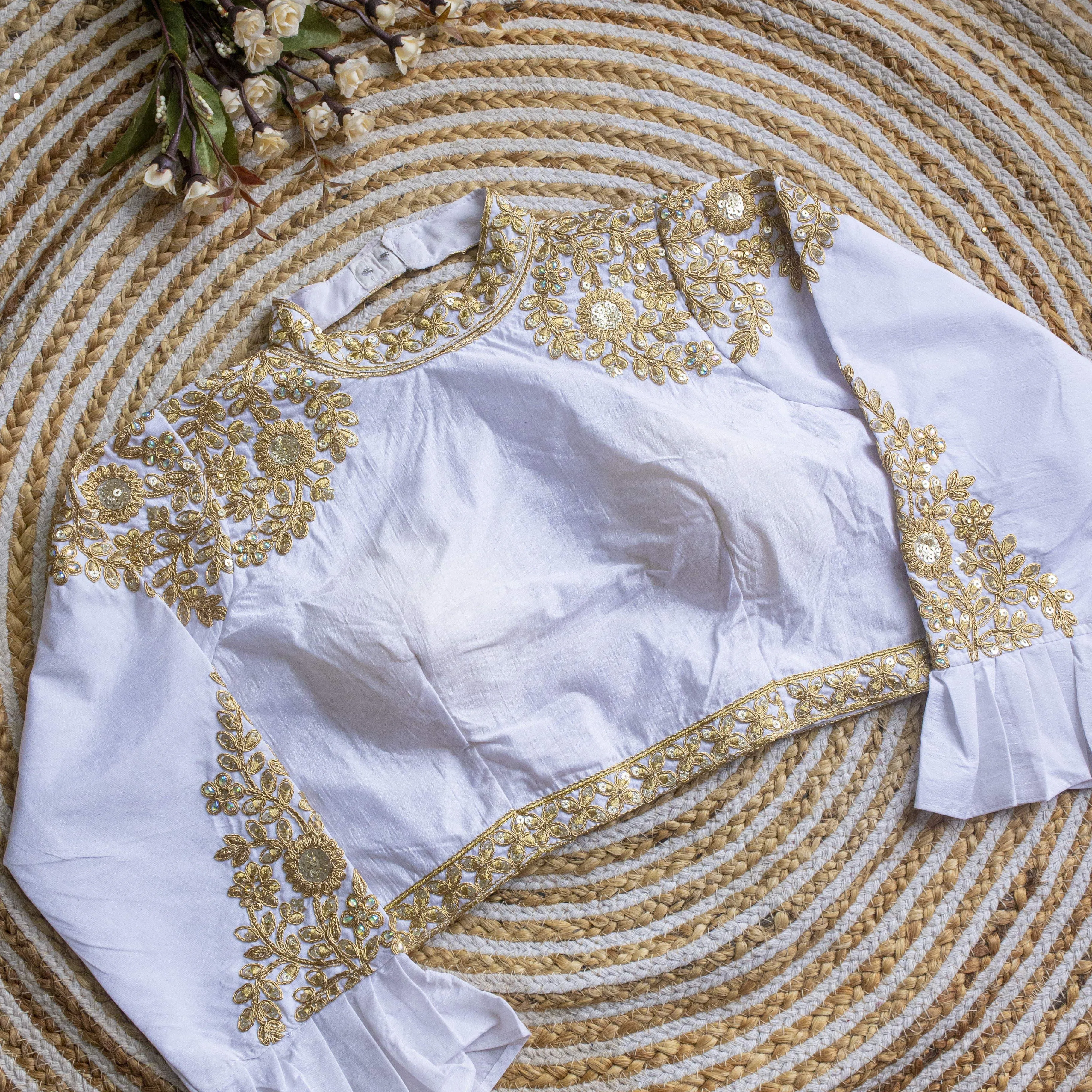 White Golden Sequence Embroidered Blouse in glossy silk