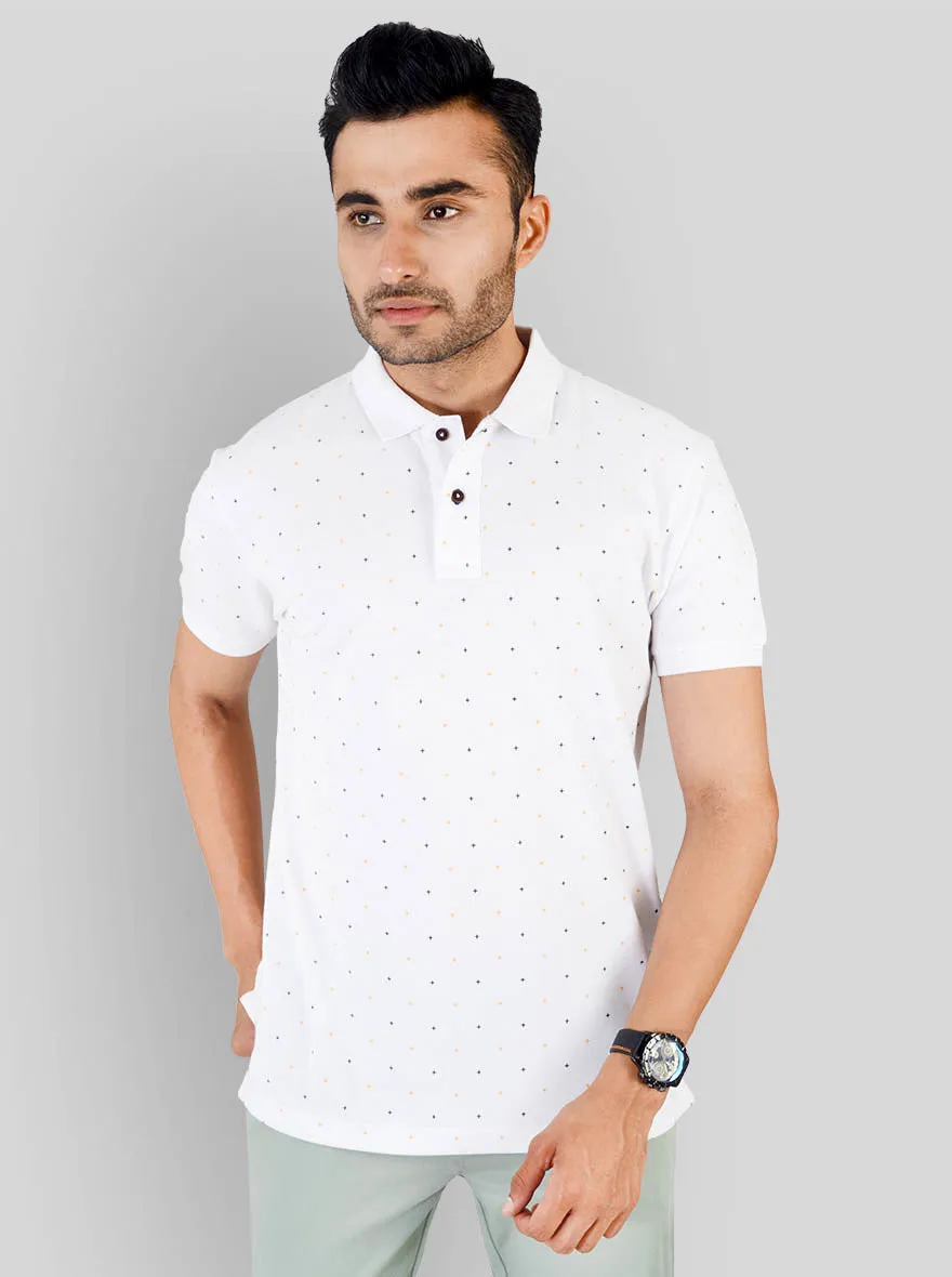 White Printed Slim Fit Polo T-shirt | Greenfibre