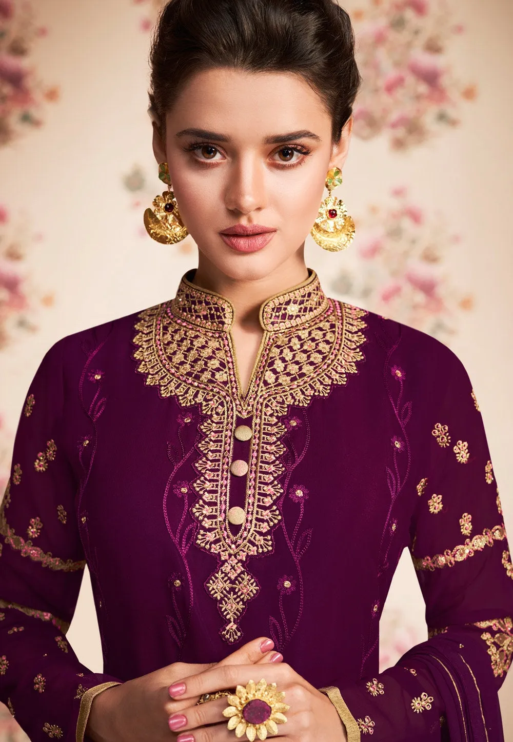 Wine Purple Embroidered Gharara Suit